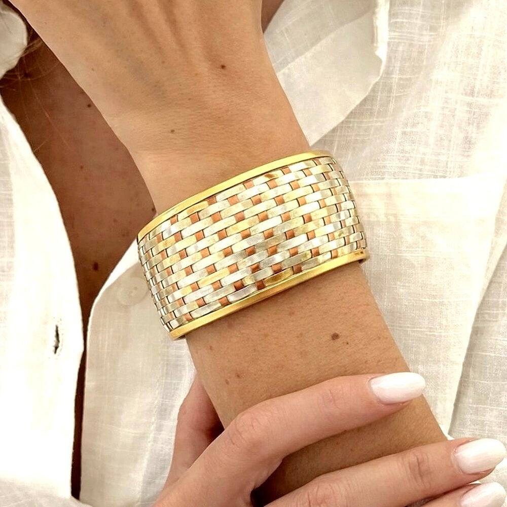 Vintage Copper Brass Handwoven Statement Bangle | Mixed Metal Artisan Cuff